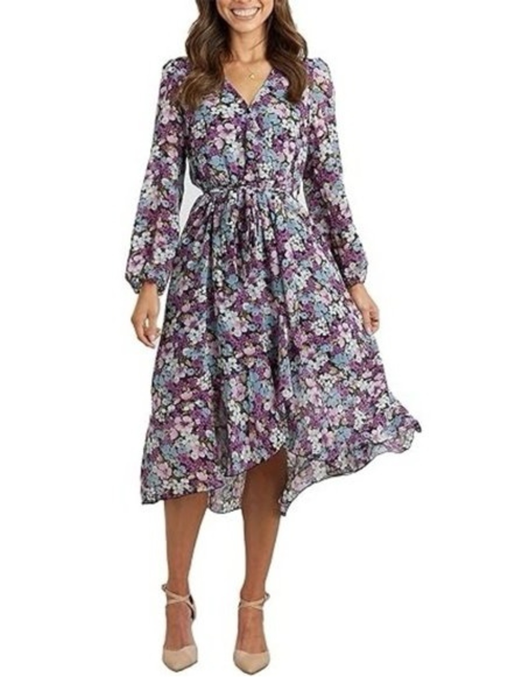 Purple Floral Wrap Midi Dress with Belt